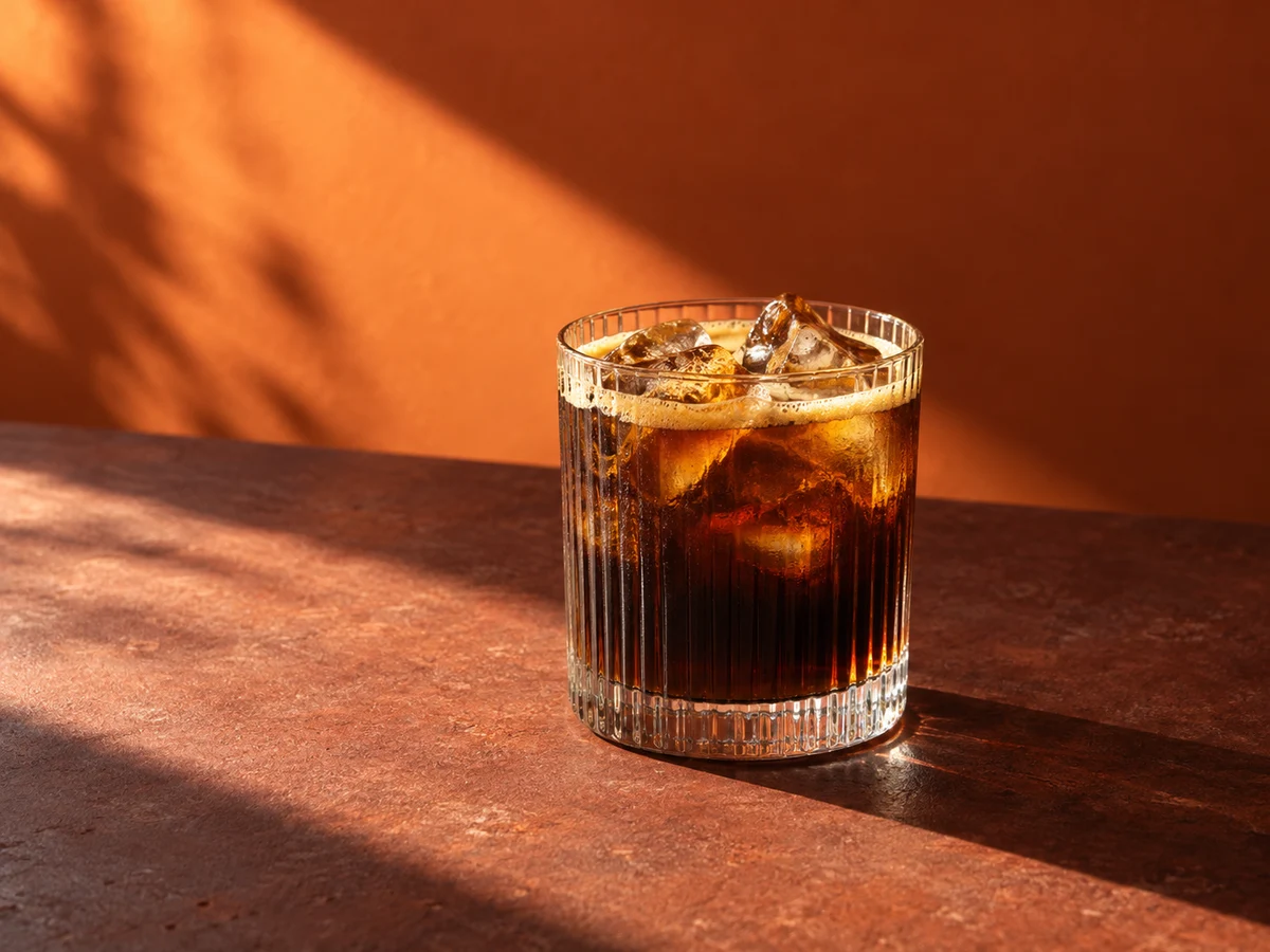 Iced coffee catching the afternoon light on a warm red table